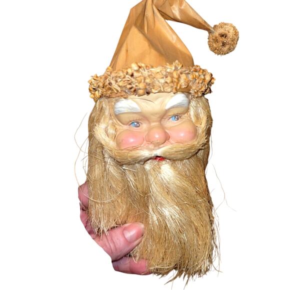 Vtg Santa Claus Head Ornament Raffia Beard Seeded Hat Primitive Folk Art Holiday - Picture 1 of 6